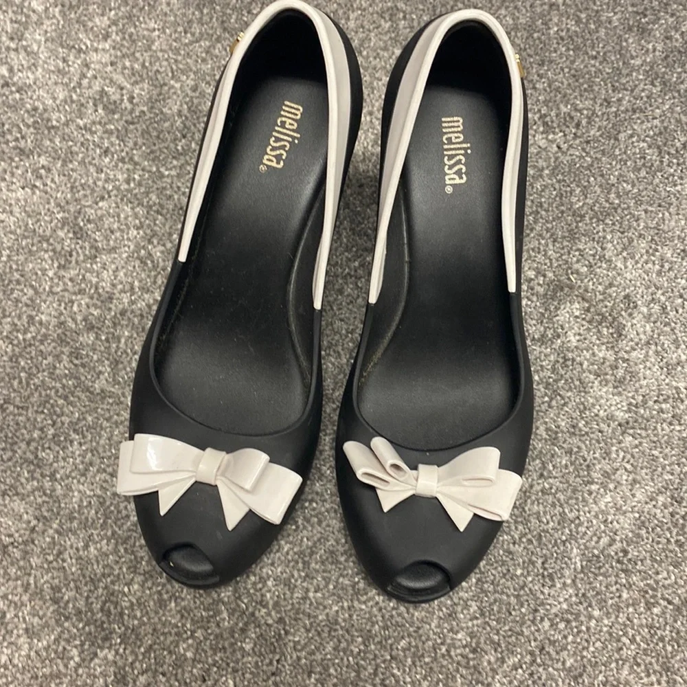 Melissa Black and White Peep-Toe Wedge Flats with Bow